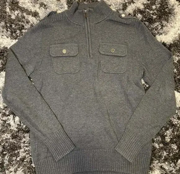 Apt. 9 Men's Gray 1/4 Zip Mock Neck Sweater with Chest Pockets and Epaulettes - Picture 1 of 5